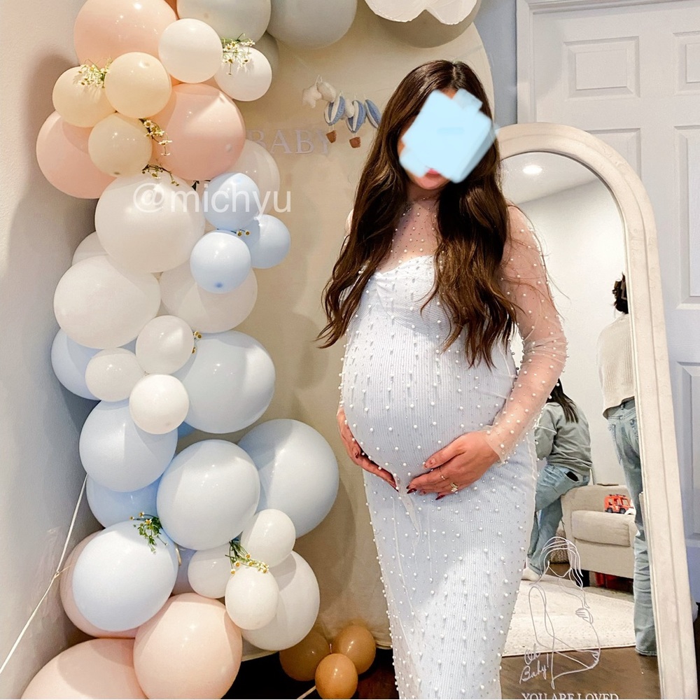 Mesh pearl midi dress with blue tube dress